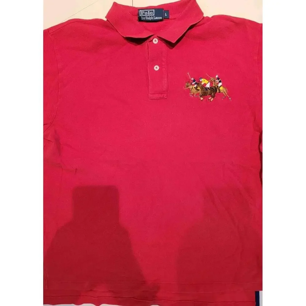 Polo Ralph Lauren Red Short Sleeve Polo Shirt Multiple Pony Riders Logo Large